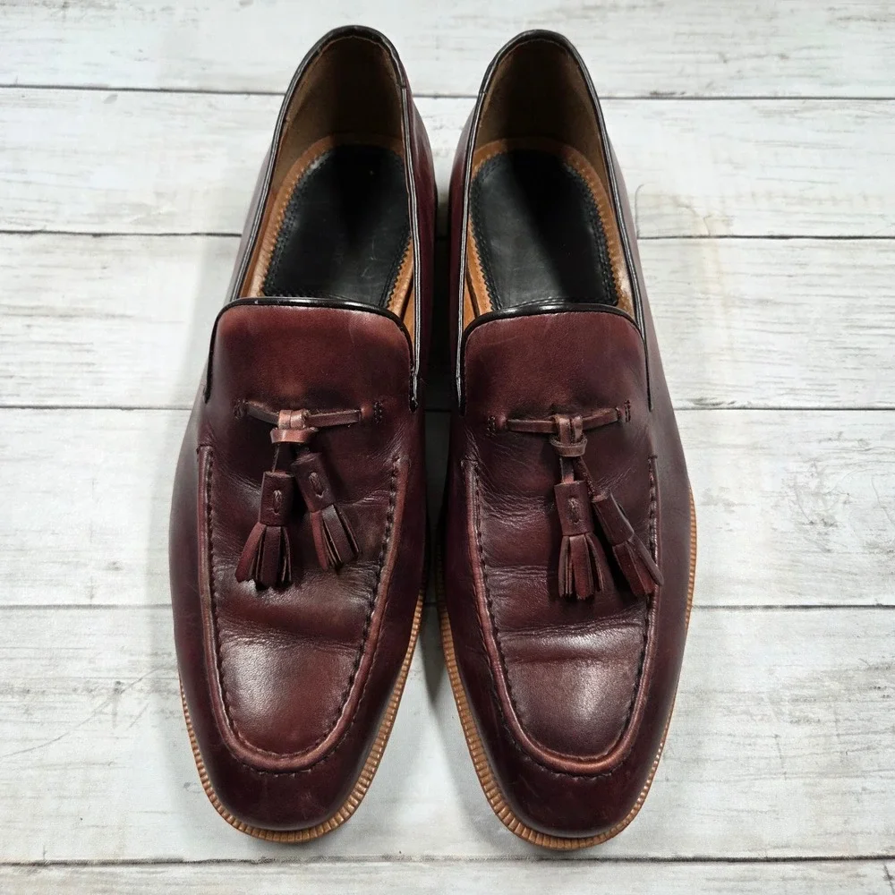 Blake McKay Tassel Loafers Men 9.5 Burgundy Leather Handcrafted T8 Slip On Shoes